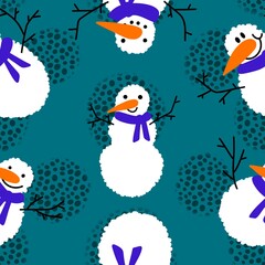 Winter seamless snowman and snowflakes pattern for Christmas wrapping paper and kids notebooks