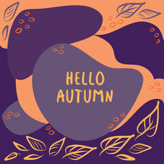 Fall banner. Autumn design with geometric shapes, leaves and wavy lines in orange and violet colors. Vector illustration. For poster, flyer, social media post or stories template, campaign, invitation