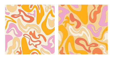 A set of seamless abstract patterns in the style of the 1970s. Wavy pattern with abstract distorted, twisted shapes. Psychedelic style. Groovy vintage background. Flat Design. Hippie aesthetics.