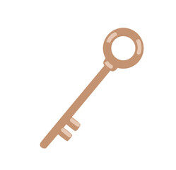 Old long bronze key for lock. Cartoon flat icon, vector simple isolated illustration.