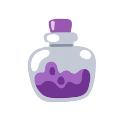 Magic potion in glass bottle, magical elixir, alchemical beverage, poison. Witchcraft and alchemy. Hand drawn flat vector illustration.