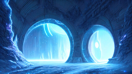 Fantasy fantastic futuristic ice frozen magic portal, blue neon, snow, ice, winter. 3D illustration