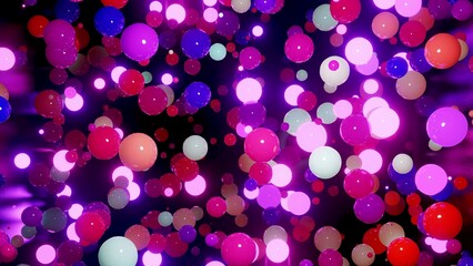 3d render. Abstract bg of colorful balls in air, which randomly light up and reflect in each other. Multicolored spheres in air as simple geometric dark background with light effects. In chrome room