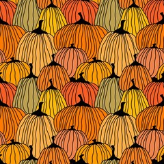 Fototapeta na wymiar Autumn harvest Halloween seamless pumpkins line art pattern for wrapping paper and fabrics and packaging