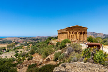 Agrigento, Sicily, Italy - July 12, 2020: Greek ruins of Concordia Temple in the Valley of Temples near Agrigento in Sicily