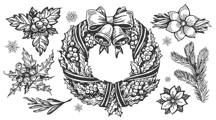 Christmas wreath with bells. Hand drawn set retro holiday floral decorations. Vintage sketch illustration © ~ Bitter ~