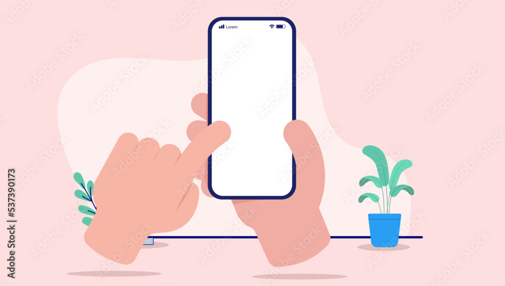 Aufkleber Phone in hand vector template - Smartphone with empty screen and finger interacting. Flat design vector illustration