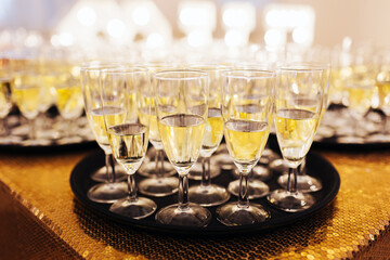 Tray of champagne glasses. Wedding party welcome alcohol. New years eve celebration. Shiny crystal glass event beverage. Plenty of white wine glass. Elegant banquet alcohol. Shiny glass background.