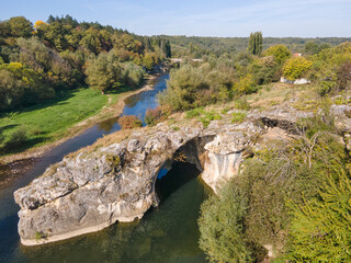 Aerial view of Vit river, passing near village of Aglen,  Bulgaria