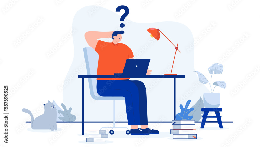 Aufkleber Computer work problem - Person sitting at desk with laptop having trouble, scratching head with question mark. Flat design vector illustration with white background
