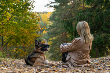 Back view of sitting woman and dog in autumn wood on the mountain