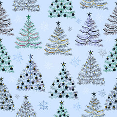 Seamless New Years pattern. Abstract Christmas trees and snowflakes. Stylized drawing on fabric and wrapping paper. 2023