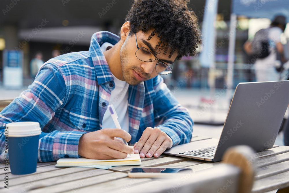 Wall mural young freelancer man making notes working with laptop computer outdoors on nature. pensive middle ea