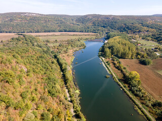 Fototapeta na wymiar Aerial view of Iskar river, passing near village of Karlukovo, Bulgaria