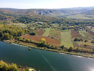 Naklejka premium Aerial view of Iskar river, passing near village of Karlukovo, Bulgaria