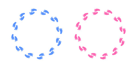 Round frame with boy and girl footprints. Template for baby shower, gender reveal, pregnancy or welcome newborn baby party invitation or greeting card, photo, picture, banner. Vector flat illustration