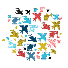 flying colorful helicopter and airplane pattern sticker 