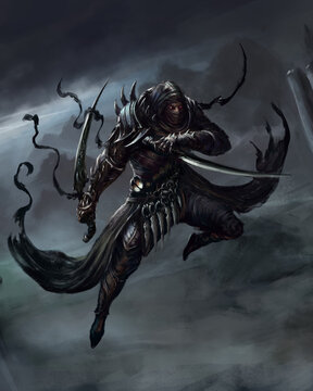 The ninja killer jumped down from the tower, he has swords in his hands, many throwing knives on his belt, all his armor is covered with spikes. Digital drawing style, 2D illustration