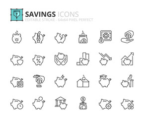Simple set of outline icons about savings. Financial concept.