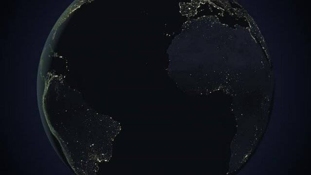 Seamless looping animation of the earth at night zooming in to the 3d map of Guinea with the capital and the biggest cites in 4K resolution