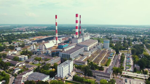 Siekierki heat and power plant. Aerial view of a giant extensive power plant in Warsaw, Poland. High quality 4k footage