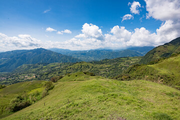 Landscape with blue sky and the beautiful mountains of Venecia, Antioquia, Colombia.