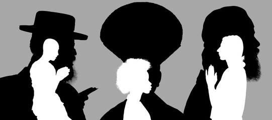 Diversity. Black and white silhouettes of people of various skin color, beliefs, ethnic origin and religion.