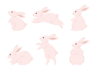 Set of cute white bunnies. Animal, hare. Year of the Rabbit. Easter bunny. Hand drawn vector illustration