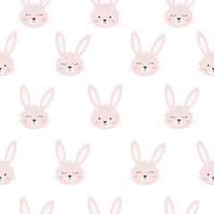 Cute white bunnies seamless pattern. Year of the Rabbit. Easter white bunny. Design for fabric, textile, wrapping paper. Hand drawn vector illustration