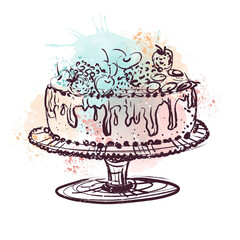 Blue, red wedding cake on a white background, hand-drawn sketch. Watercolor illustration of a wedding cake in vintage style