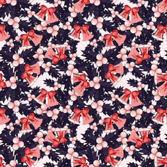 Fototapeta na wymiar Seamless holiday pattern with holly berries and leaves and bells with ribbon bow vector illustration 