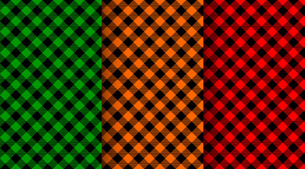 Set of diagonal gingham seamless patterns. Christmas buffalo plaid, Halloween or Thanksgiving day background, checkered lumberjack texture. Fabric geometric design for shirt, blanket, coat, tablecloth