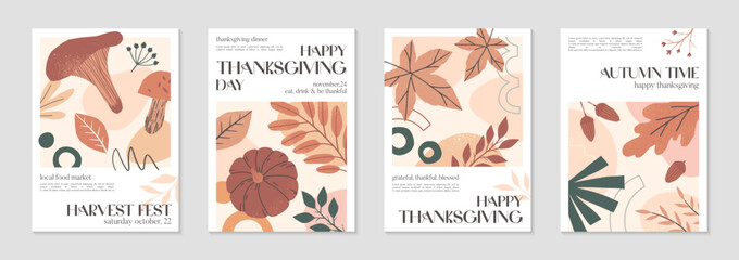 Happy Thanksgiving dinner and harvest posters with pumpkins,foliage and copy space for text.Modern autumn covers for invitations,social media marketing,greetings,brochure.Trendy holiday backgrounds.