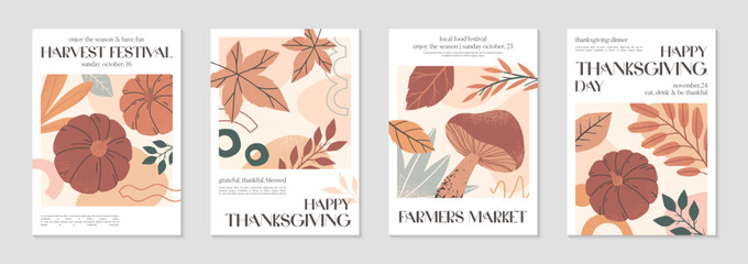 Happy Thanksgiving dinner and harvest posters with pumpkins,foliage and copy space for text.Modern autumn covers for invitations,social media marketing,greetings,brochure.Trendy holiday backgrounds.