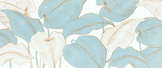 Abstract luxury art background with tropical leaves in line art style. Botanical banner for decoration, print, textile, packaging, wallpaper, invitations.