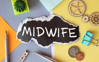 midwife, text on white paper over blue background