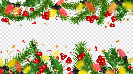 Christmas illustration with New Year pine branches, colored garland, pieces of serpentine, holly leaves and red berries, isolated on transparent background, located at the top and bottom