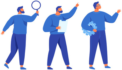 Set of person holding stationery. Bundle character design for information, solution, analyze, write concept. Man holding magnifying glass, gear and document. Working with data, analyzing information