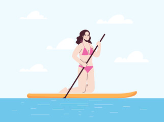 Young woman is on her knees in swimsuit on sup. Stand up paddle.