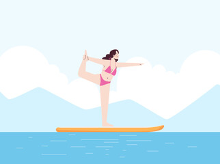 Young woman is doing yoga in swimsuit on sup. Stand up paddle.