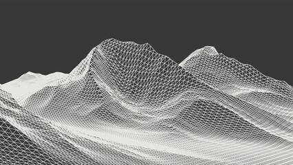 Abstract wireframe background. 3D grid technology illustration landscape. Digital Terrain Cyberspace in the Mountains with valleys. Data Array. Triangle polygons. White on Black. Vector Illustration.