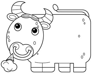 Cartoon scene bull is standing looking and smiling illustration for children