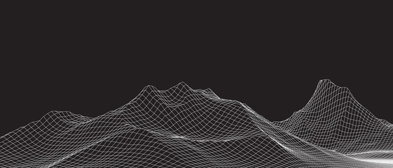 Abstract wireframe background. 3D grid technology illustration landscape. Digital Terrain Cyberspace in the Mountains with valleys. Data Array. Triangle polygons. White on Black. Vector Illustration.