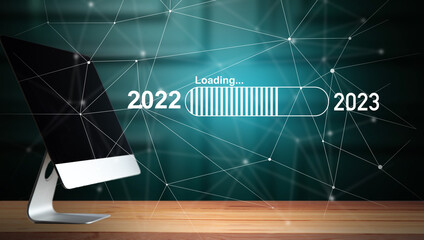 Computer and virtual network. Loading in progress from 2022 to 2023