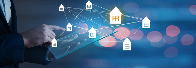 Houses connected by network on virtual screen