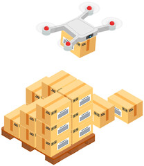 Delivery service delivers parcel using flying copter. Future technologies of online home transfer of boxes, goods to door. Control panel, helicopter, quadcopter. Smart city concept. Urban logistics