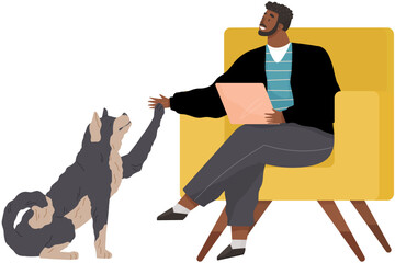 Male pet owner sitting and playing with dog on couch. Caring for animals, joint pastime with pets concept. Businessman with domestic animal on sofa. Man with puppy training, spending time at home