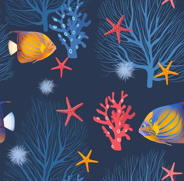 Beautiful seamless pattern underwater with watercolor sea life colorful corals and fish. Stock illustration on blue background
