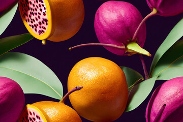 Tropischer exotischer Fruchthintergrund, viele bunte reife tropische Früchte. Nahtloses Muster mit tropischen Früchten. Passionsfrucht, Papaya. 3D-Darstellung. © Viks_jin