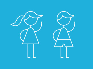 Woman or girl and man or boy simple vector line icons, female and male symbols, wc signs, gender equality.
